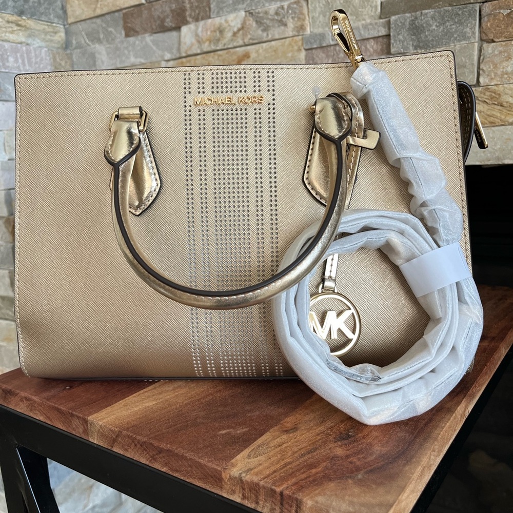 Michael Kors Gold Saffiano Leather Satchel with MK Charm – New with Strap